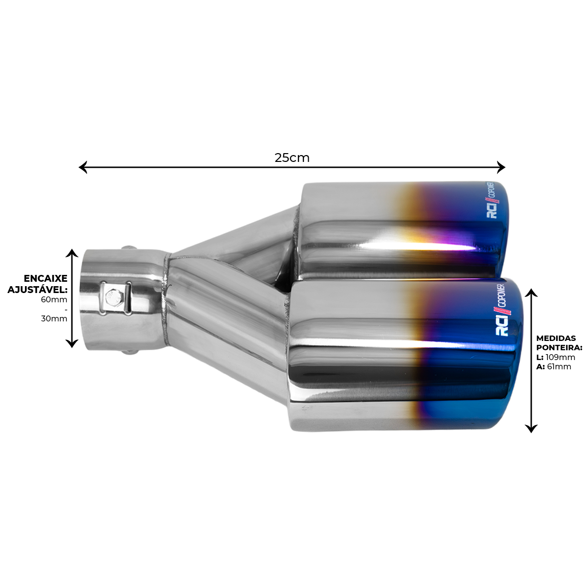 RCI227 - PONTEIRA SAÍDA DUPLA OVAL ACABAMENTO CHANFRADO QUEIMADO - ENCAIXE 2.5 POLEGADAS - Imagem 2